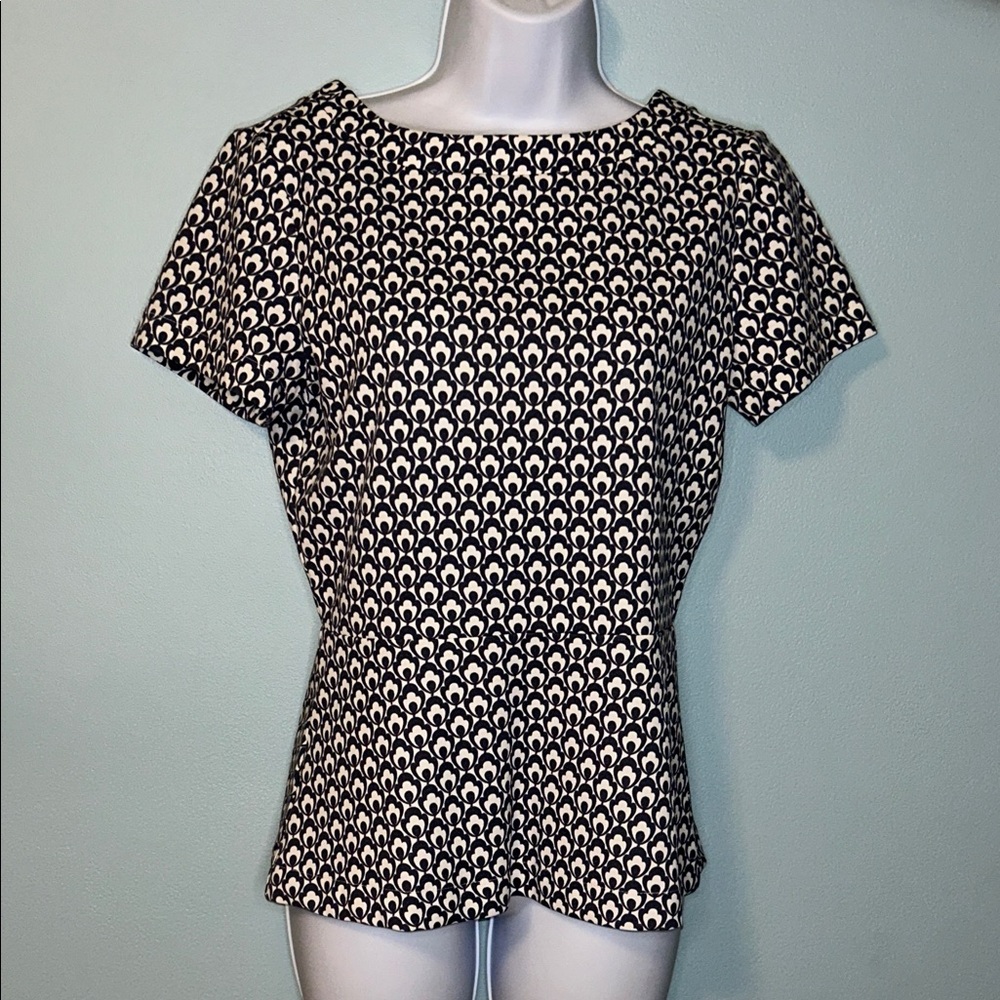 Ann Taylor Blue and Cream Print Peplum Blouse, XS
